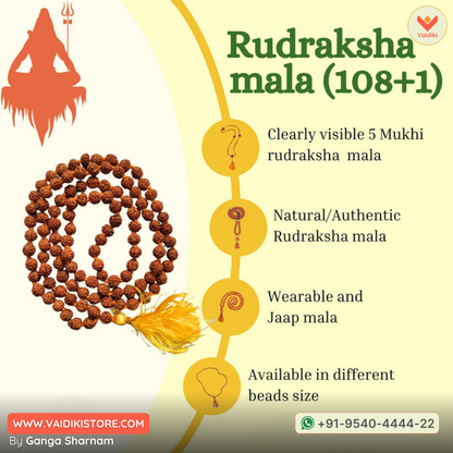 5 Mukhi Rudraksha Mala (108 Beads) | Authentic Spiritual Tool for Meditation and Mantra Chanting